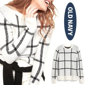Old Navy Cozy Cream Windowpane Plaid Crew-Neck Sweater